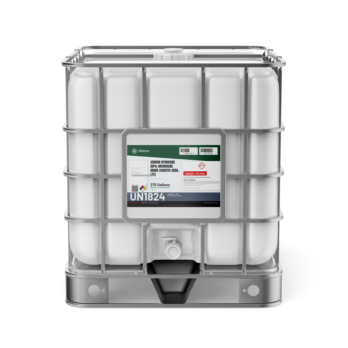 Sodium Hydroxide 50% Membrane Grade in a 275-gallon IBC tote, Alliance Chemical