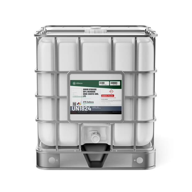 Sodium Hydroxide 50% Membrane Grade in a 275-gallon IBC tote, Alliance Chemical