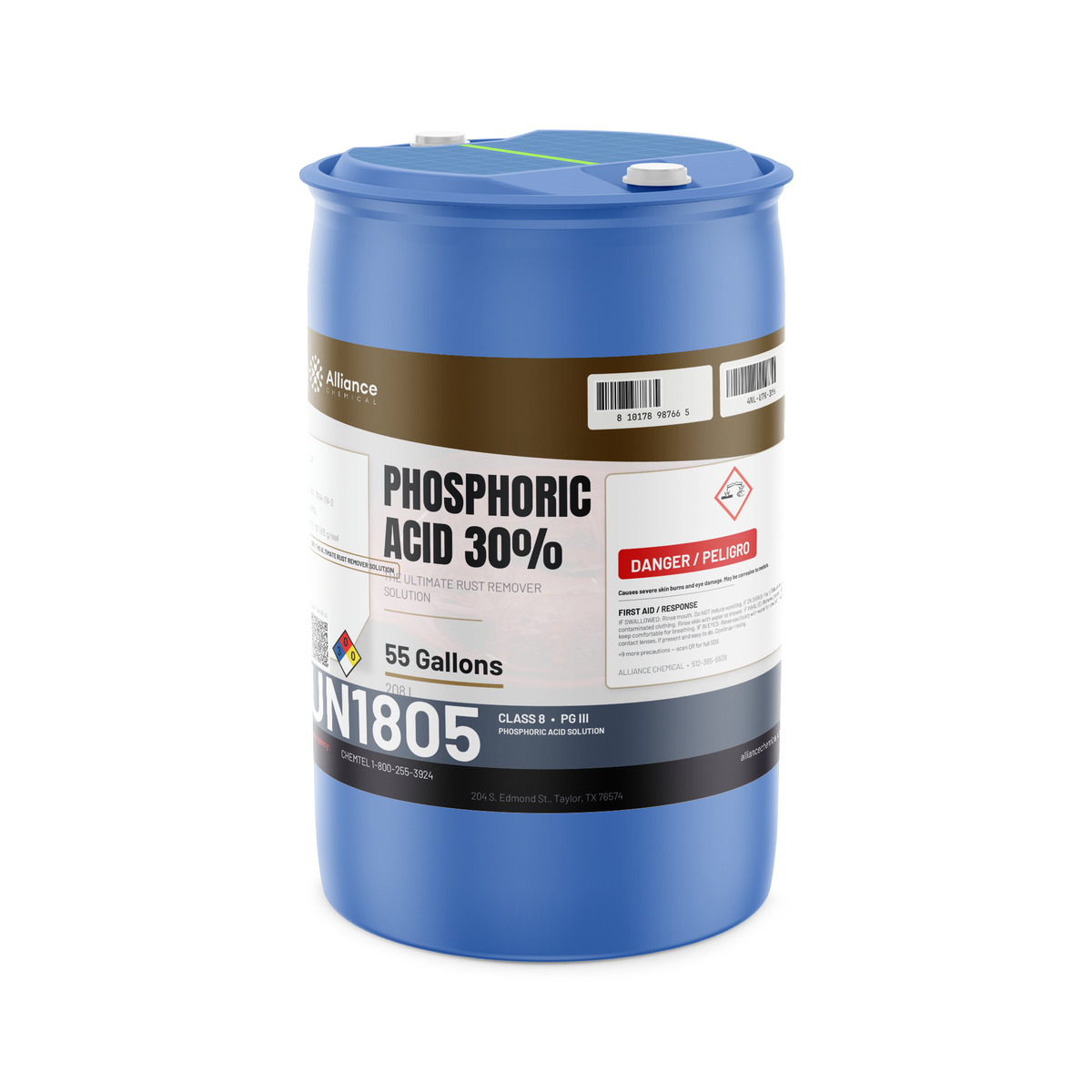 Phosphoric Acid 30% Technical Grade in a 55-gallon blue drum for rust removal, Alliance Chemical
