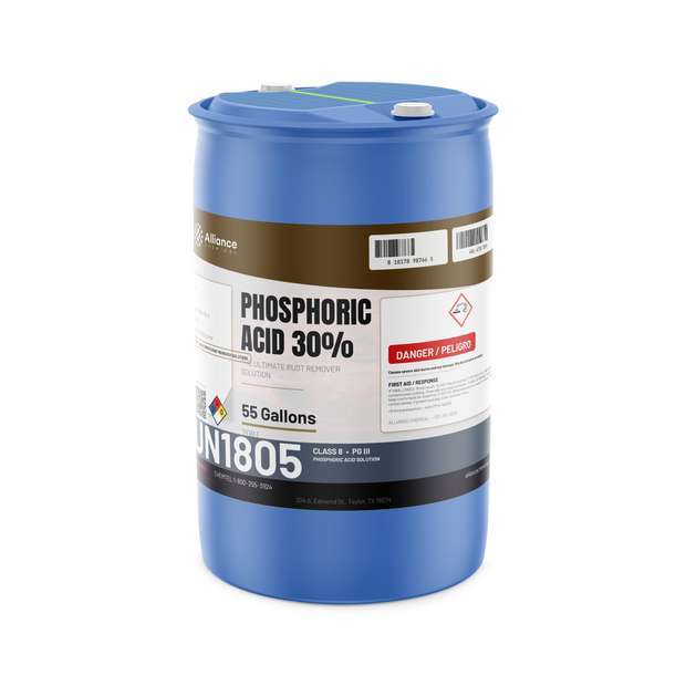 Phosphoric Acid 30% Technical Grade in a 55-gallon blue drum for rust removal, Alliance Chemical