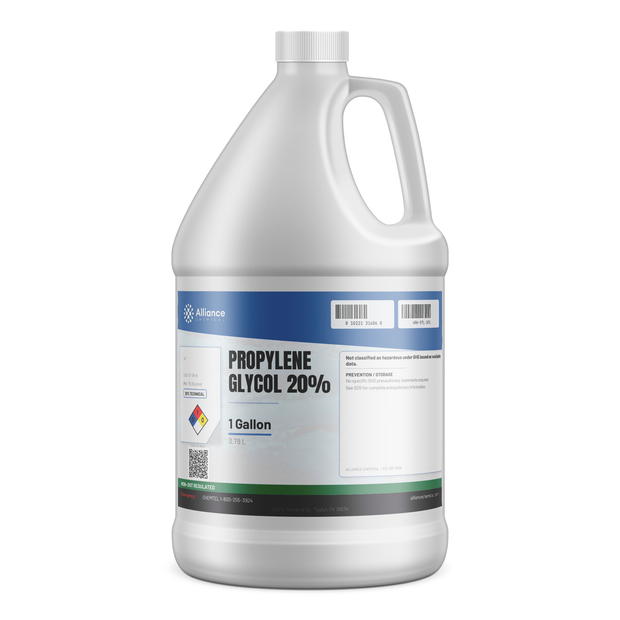 Propylene Glycol 20% Technical Grade liquid in a 1-gallon white plastic jug, Alliance Chemical