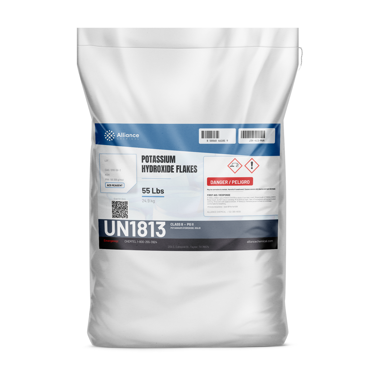Potassium hydroxide flakes ACS reagent grade in a 55-lb bag from Alliance Chemical for pH adjustment and chemical manufacturing