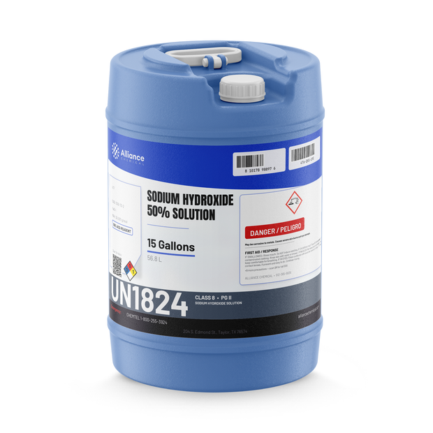 Sodium Hydroxide 50% Solution ACS Grade 15-gallon blue plastic carboy, Alliance Chemical