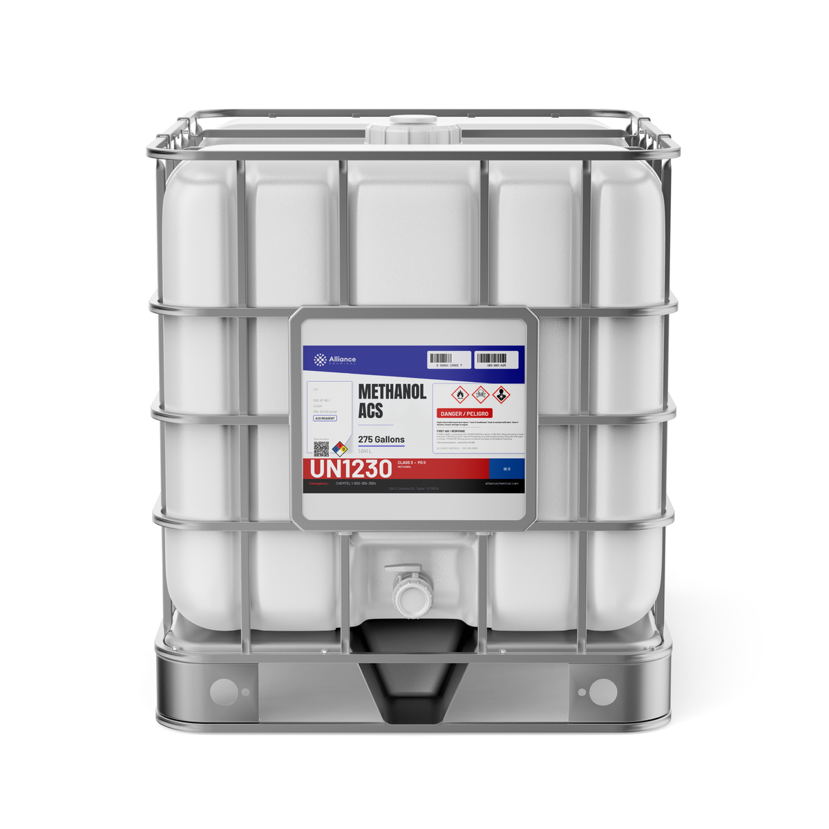 Methanol ACS Reagent Grade in a 275-gallon IBC tote, Alliance Chemical for analytical chromatography and lab applications