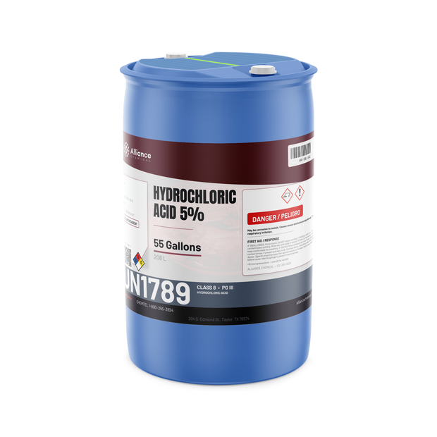 Hydrochloric Acid 5% ACS Grade in a 55-gallon blue plastic drum from Alliance Chemical