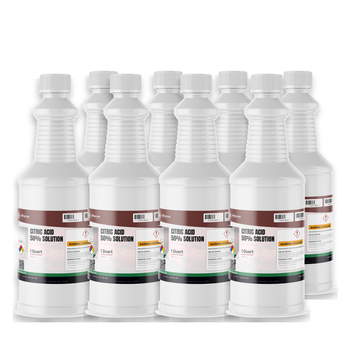 Citric Acid 50% solution, eight 1-quart plastic bottles for metal cleaning and descaling, Alliance Chemical