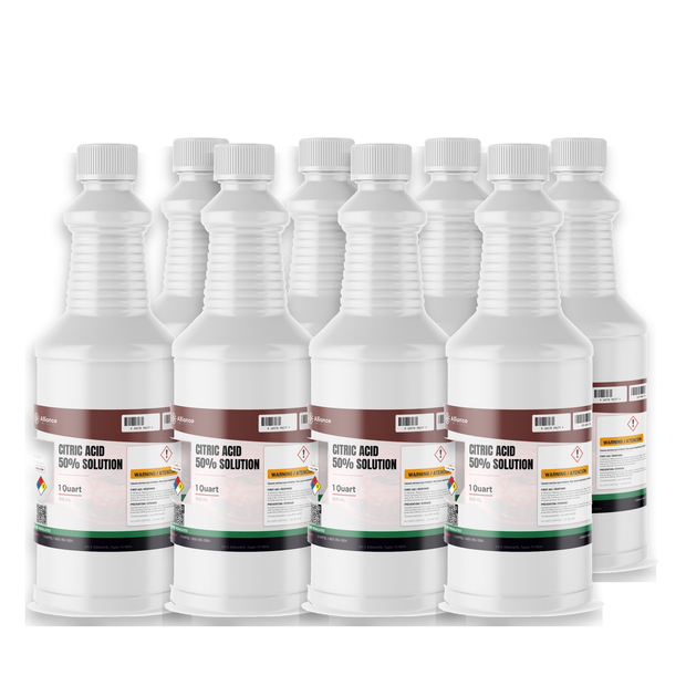 Citric Acid 50% solution, eight 1-quart plastic bottles for metal cleaning and descaling, Alliance Chemical