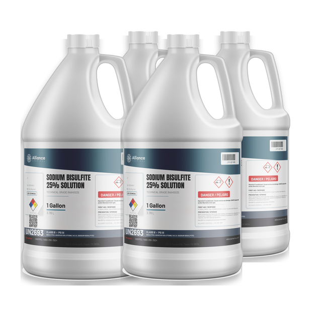 Sodium Bisulfite 25% Technical Grade, case of four 1-gallon jugs from Alliance Chemical for dechlorination