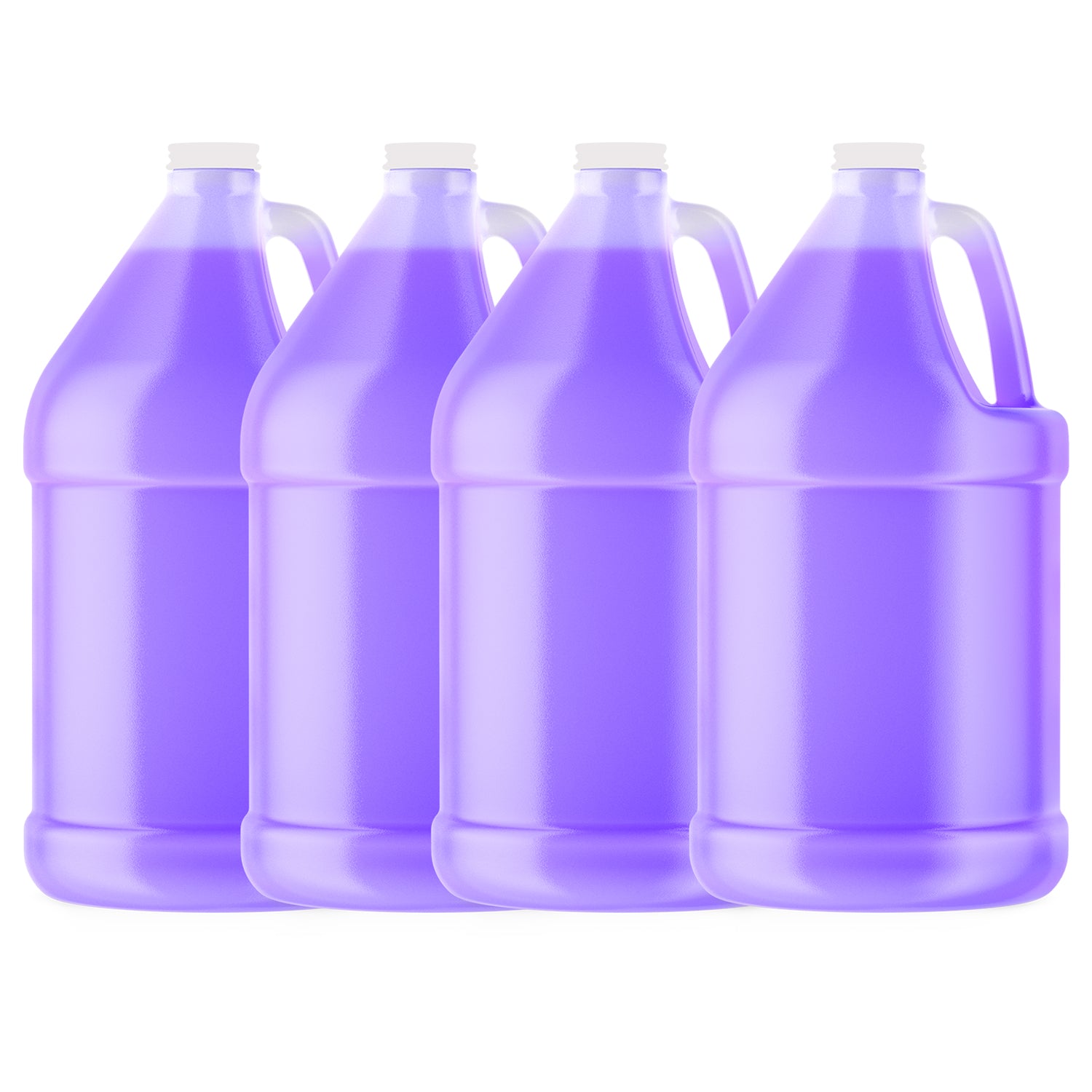 Four 1-gallon HDPE purple-tinted jugs with secure screw caps, chemical-grade plastic construction, ergonomic handles, and wide-mouth design.