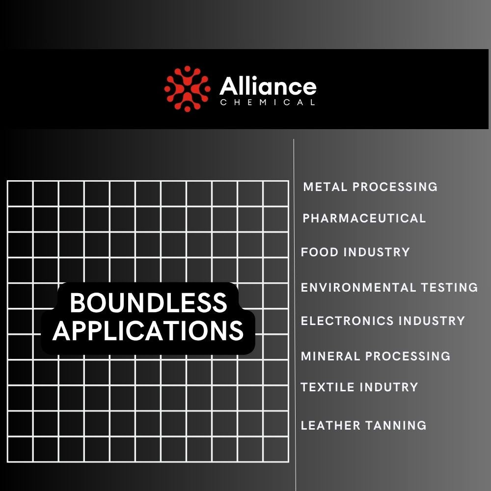 Alliance Chemical hydrochloric acid 37% in white container with grid pattern and branding elements