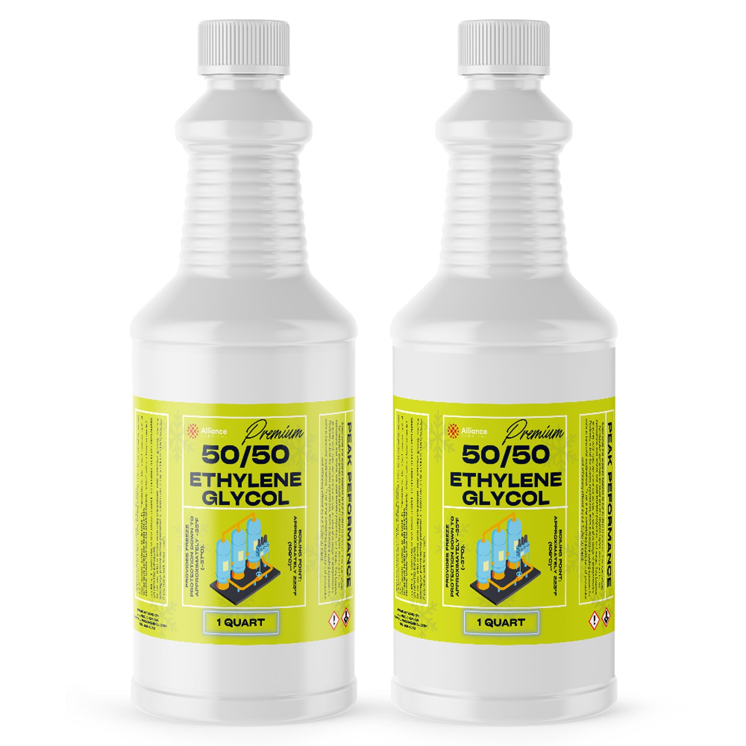 1-quart white HDPE bottles of Premium 50/50 Ethylene Glycol antifreeze solution with lime-green labels and hazard warning symbols, industrial-grade.