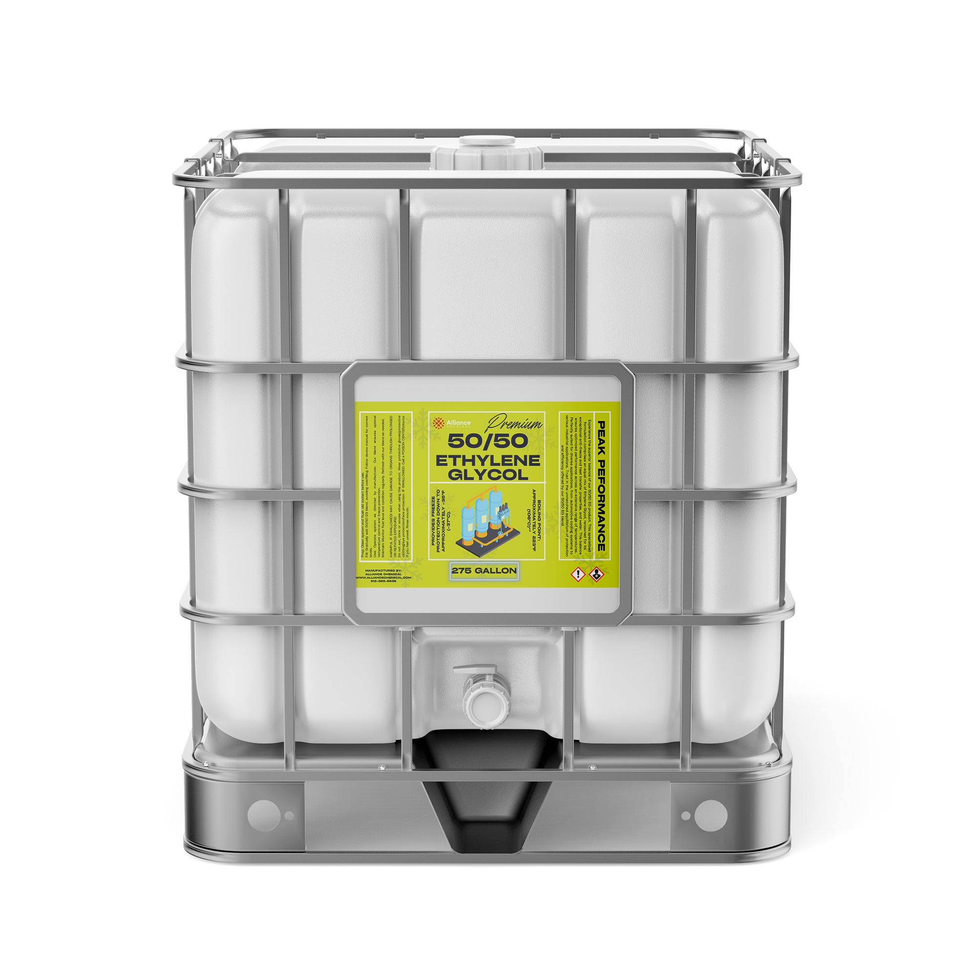 275-gallon IBC tote of 50/50 ethylene glycol coolant with reinforced cage, discharge valve, and hazmat warning labels on yellow product identifier panel.