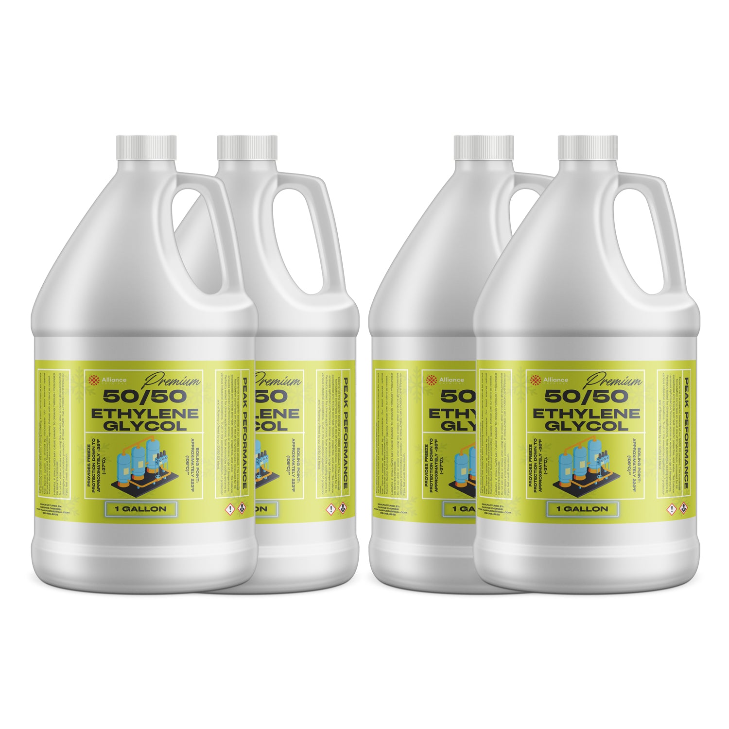 4x1-gallon Premium 50/50 Ethylene Glycol in white HDPE containers with lime-green labels, hazard symbols, and screw-top closure for industrial use.