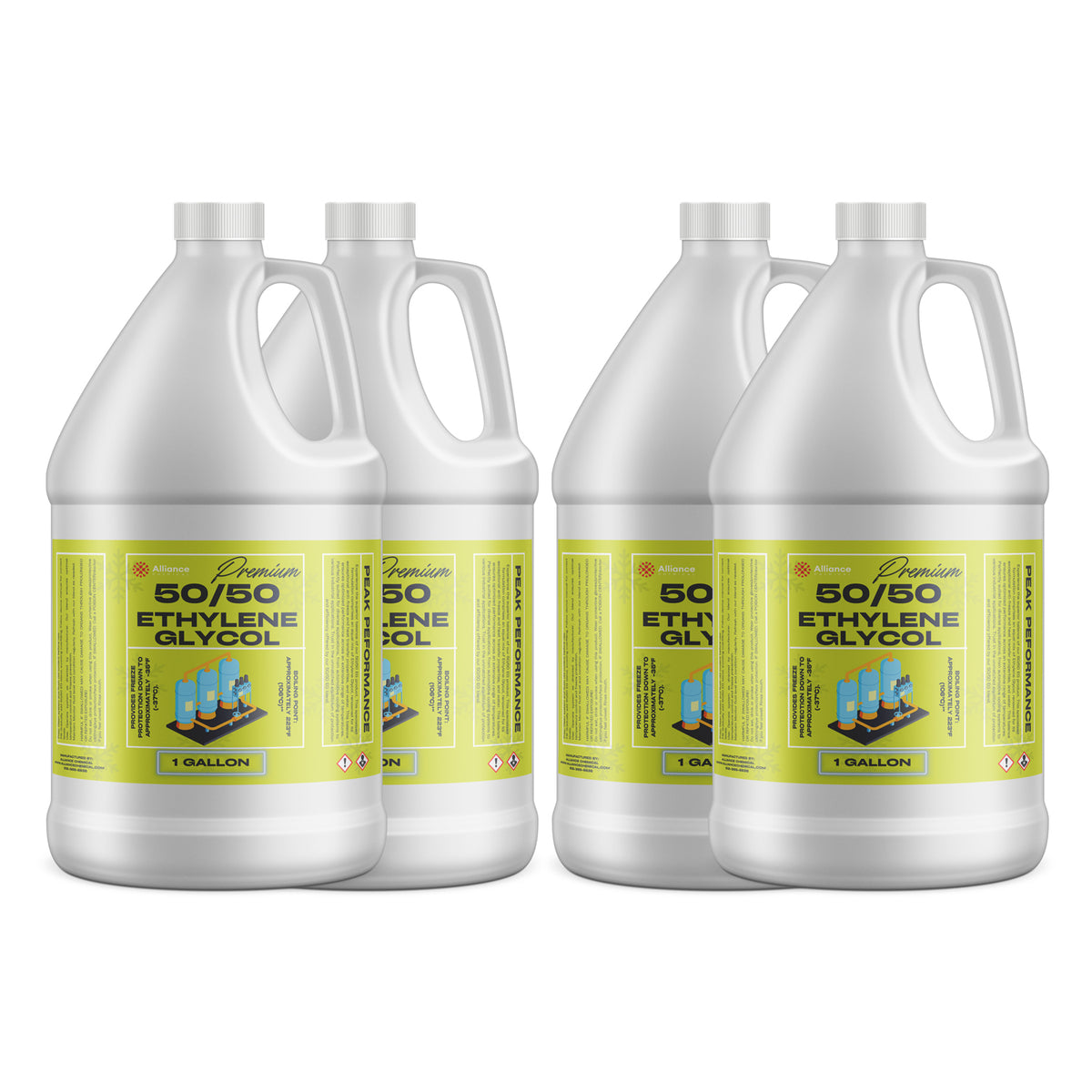 Four 1-gallon HDPE jugs of Alliance Chemical Ethylene Glycol 50/50 with white screw caps, handles, and product labels.