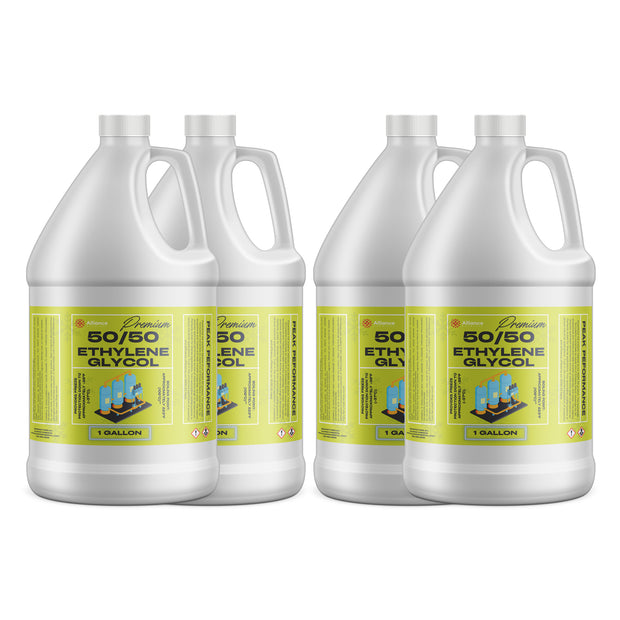 Four 1-gallon HDPE jugs of Alliance Chemical Ethylene Glycol 50/50 with white screw caps, handles, and product labels.