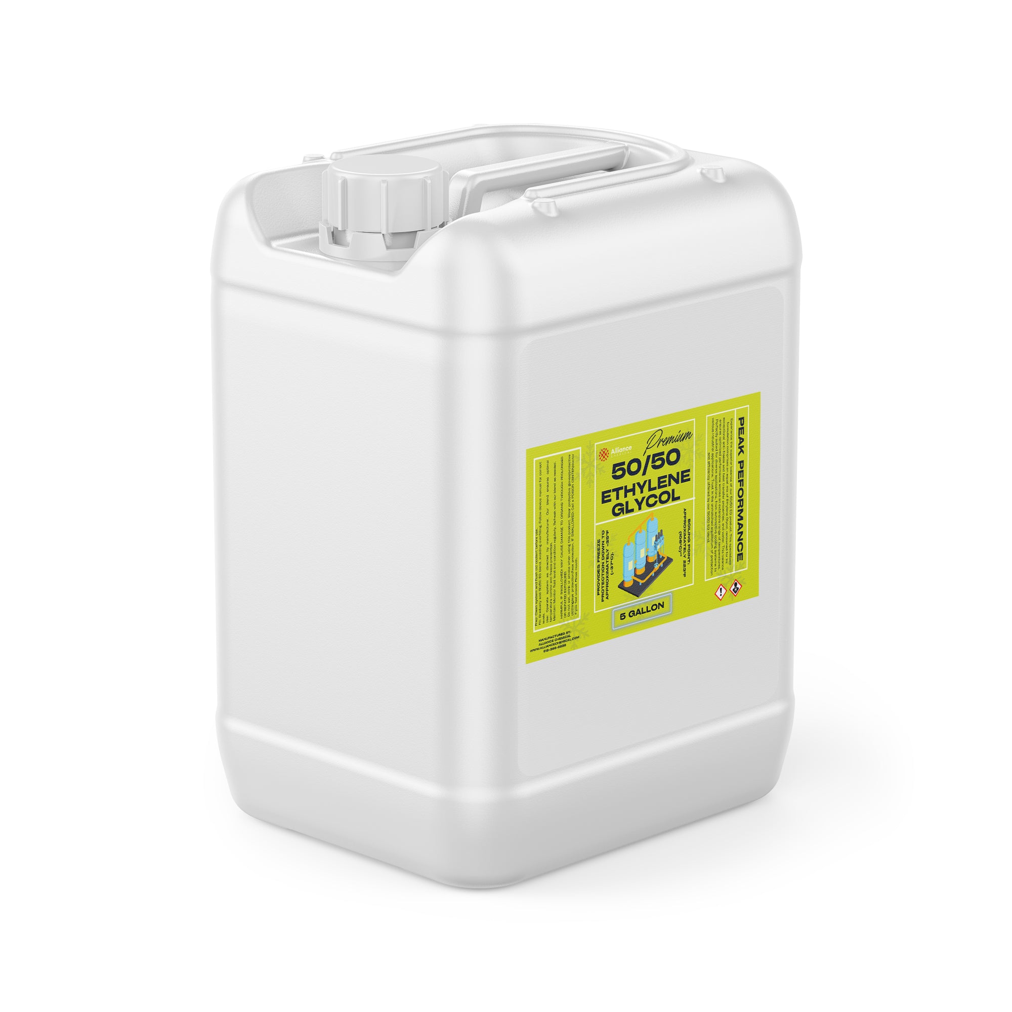 5-gallon white HDPE container of 50/50 ethylene glycol antifreeze with yellow warning label, industrial-grade, sealed screw-cap closure.