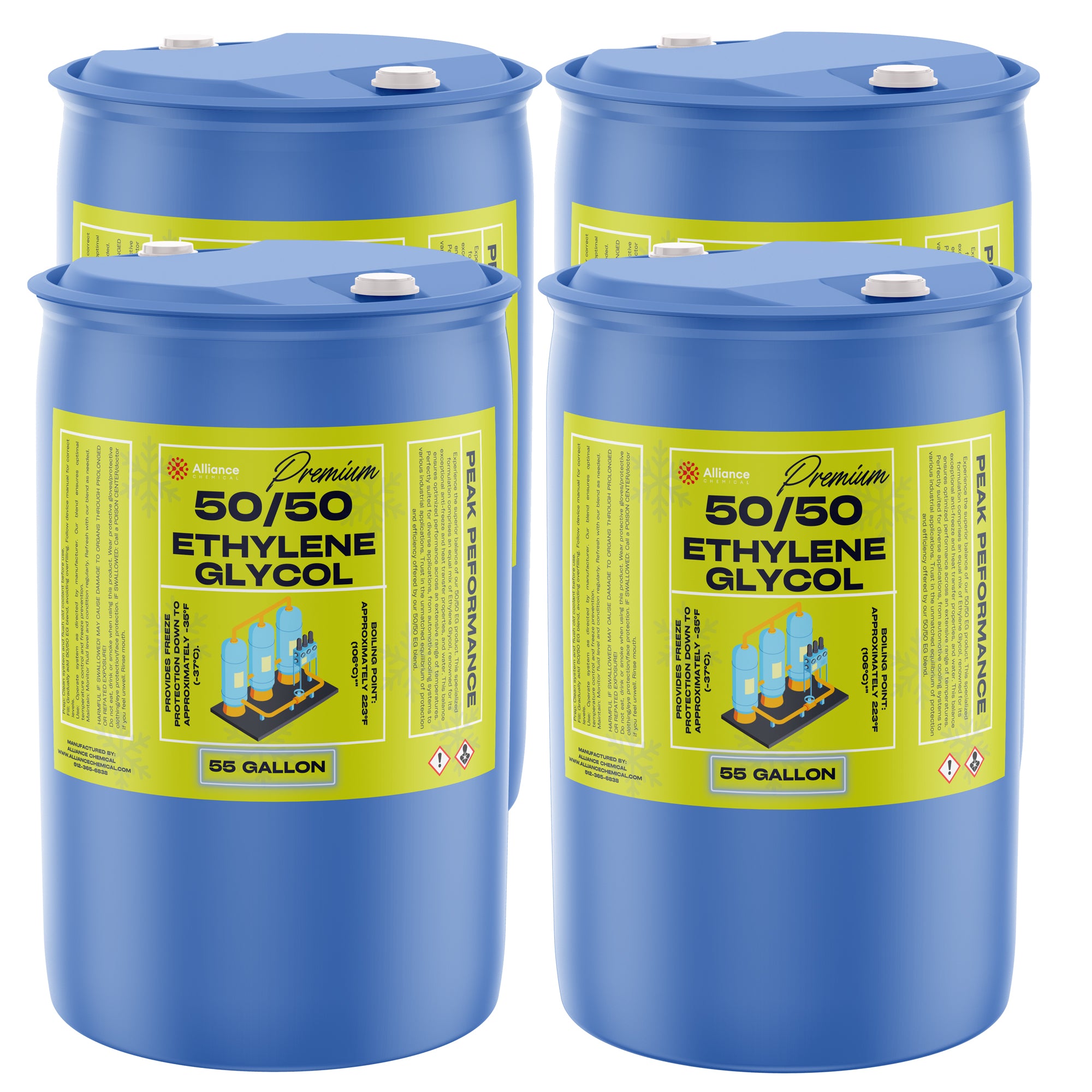 55-gallon blue drums of Alliance Premium 50/50 Ethylene Glycol coolant with hazard warning symbols, yellow-green labels, and white screw caps, 4-pack.