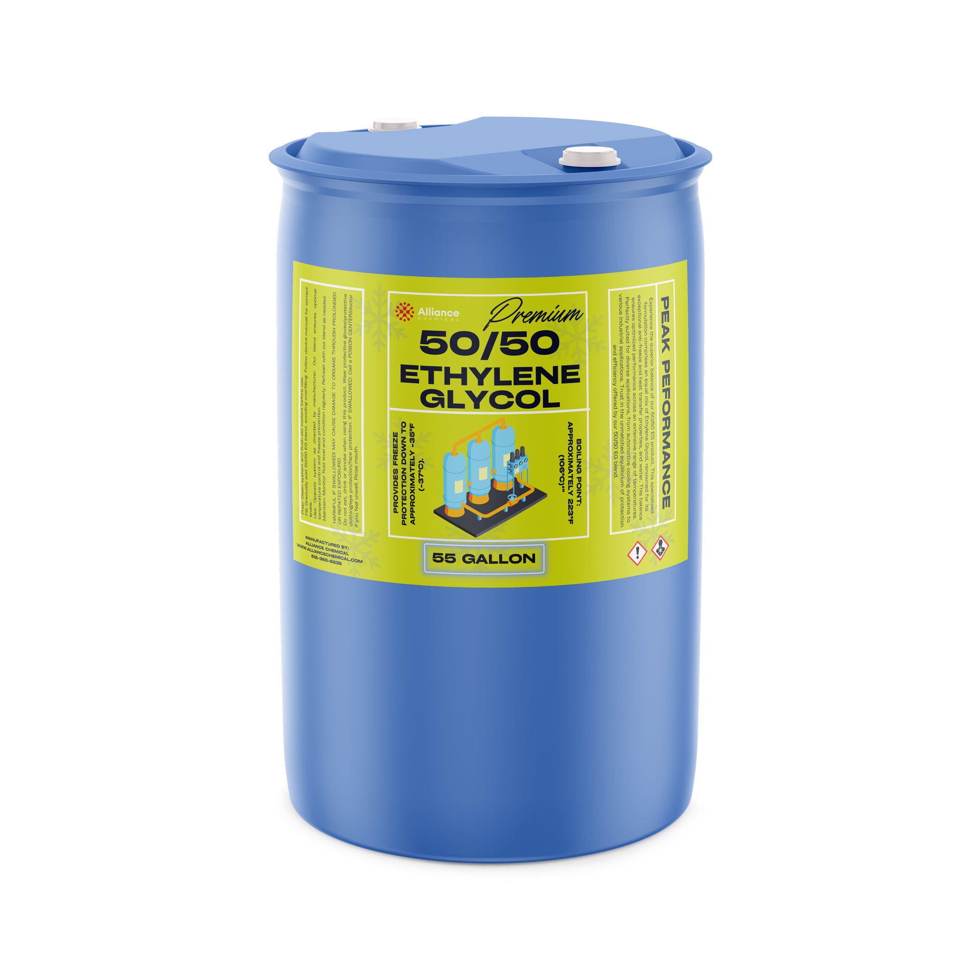55-gallon blue plastic drum of Premium 50/50 Ethylene Glycol antifreeze blend with yellow safety label and hazard symbols, Alliance brand.