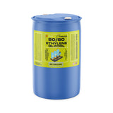 Alliance Chemical 55-gallon blue plastic drum of Premium 50/50 Ethylene Glycol antifreeze blend with yellow safety label