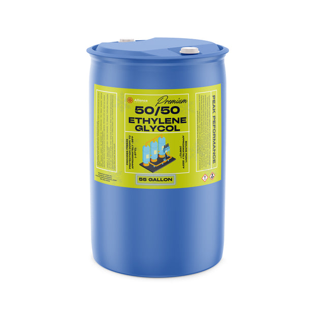Alliance Chemical 55-gallon blue plastic drum of Premium 50/50 Ethylene Glycol antifreeze blend with yellow safety label