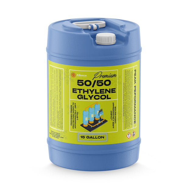 Alliance Chemical 15-gallon HDPE carboy of Alliance Premium 50/50 Ethylene Glycol white cap, and lime-green label