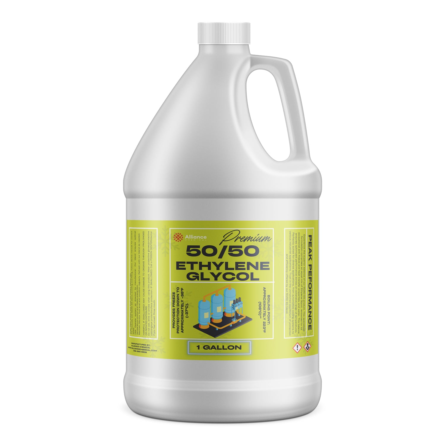 One-gallon white HDPE jug of Premium 50/50 Ethylene Glycol antifreeze solution with safety warning symbols and lime-green label design, manufactured by Alliance.