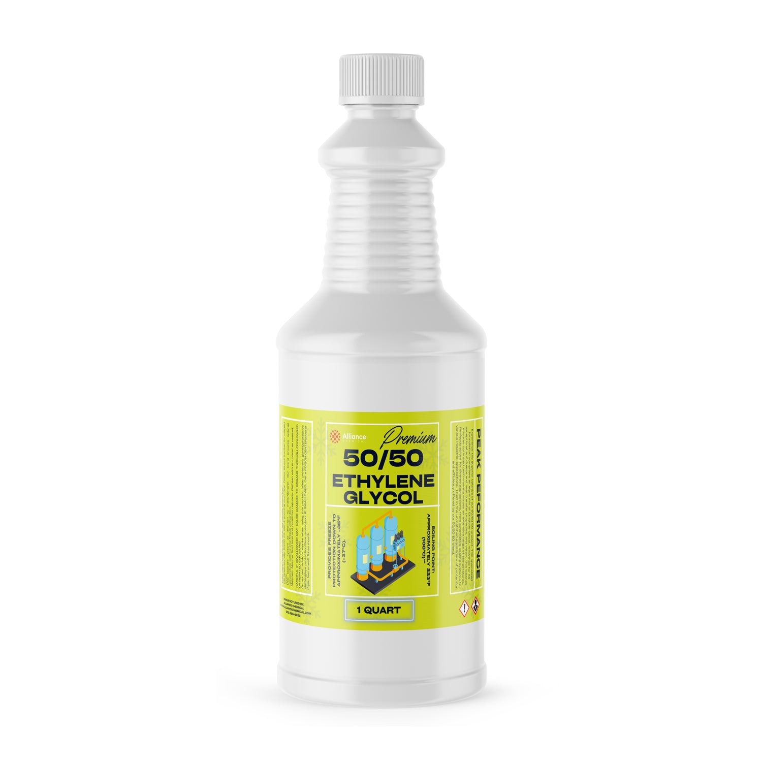 1-quart white plastic bottle of Premium 50/50 Ethylene Glycol antifreeze with yellow-green label and safety warning symbols, ribbed container design.