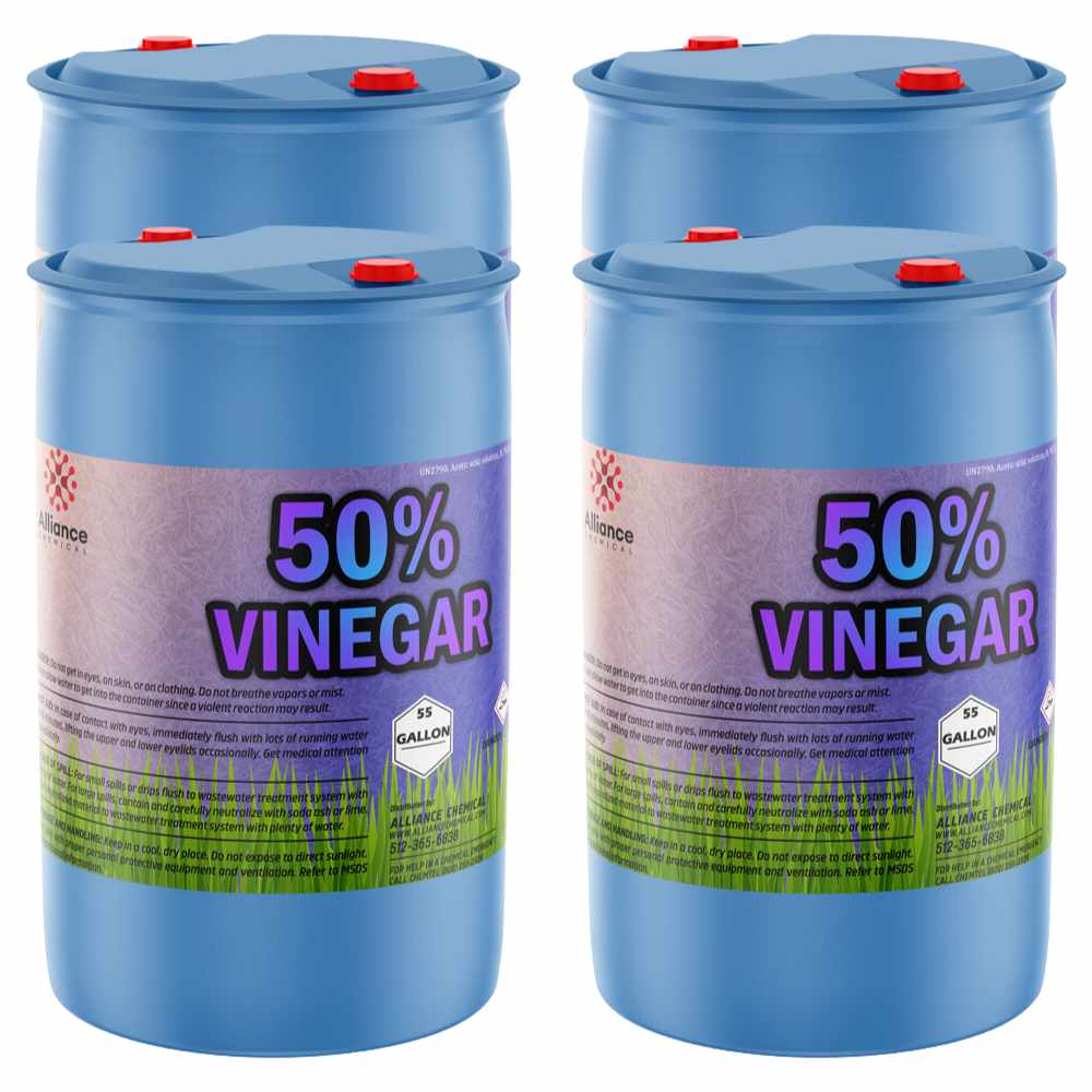 55-gallon blue HDPE drums of 50% concentrated industrial vinegar solution, 4-pack bundle with red safety caps and hazard warning labels.