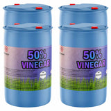 Two 55-gallon blue plastic drums of Alliance Chemical 50% Vinegar - Concentrated Industrial Strength with red caps and labels