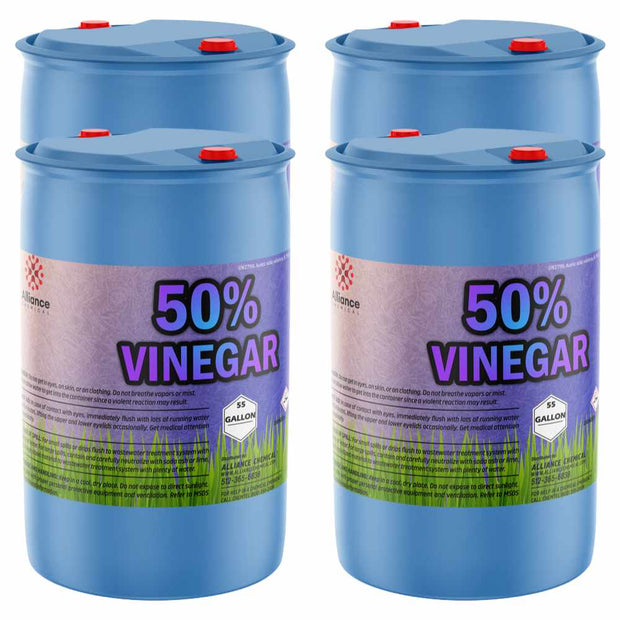 Two 55-gallon blue plastic drums of Alliance Chemical 50% Vinegar - Concentrated Industrial Strength with red caps and labels