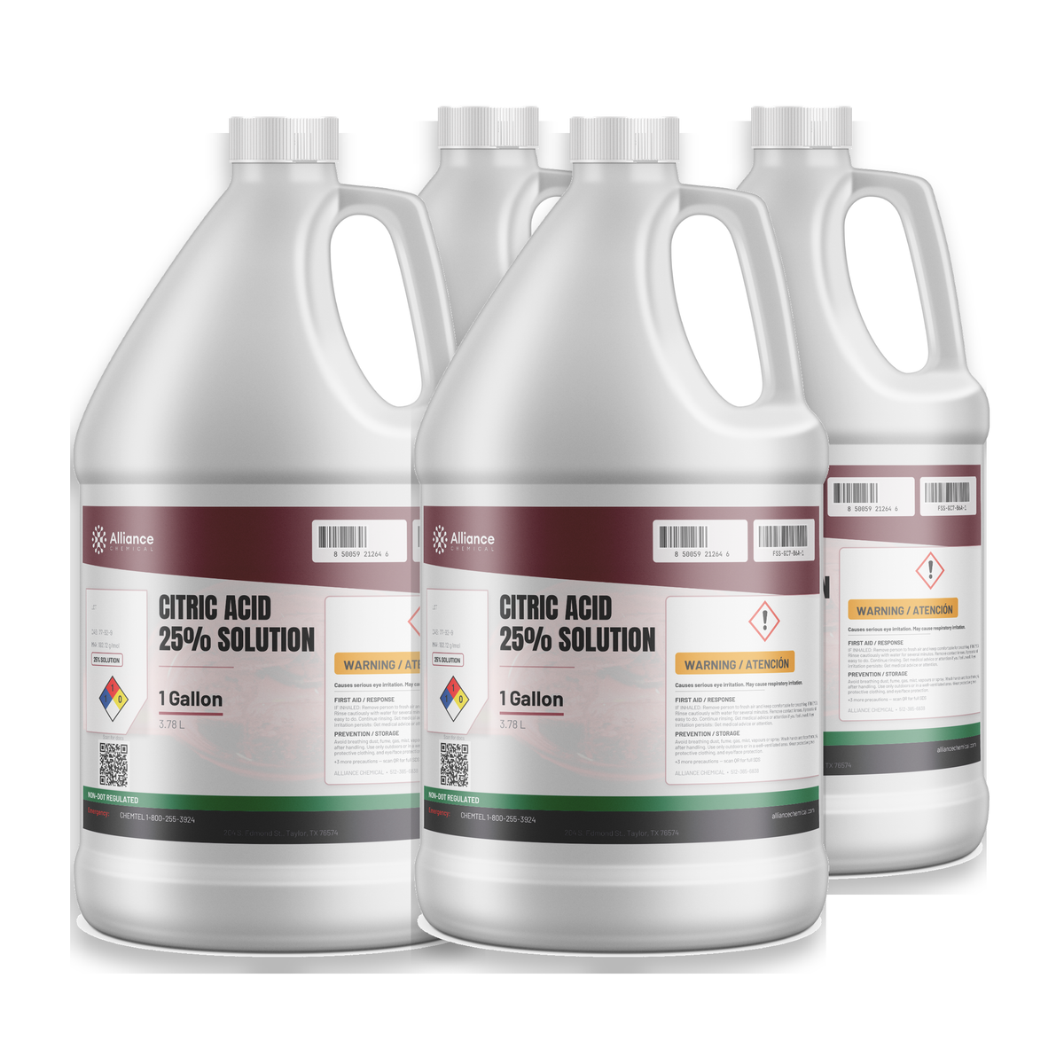 Citric acid 25% technical grade solution in four 1-gallon plastic jugs for rust and scale removal, Alliance Chemical