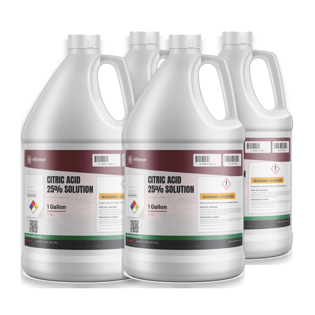 Citric acid 25% technical grade solution in four 1-gallon plastic jugs for rust and scale removal, Alliance Chemical