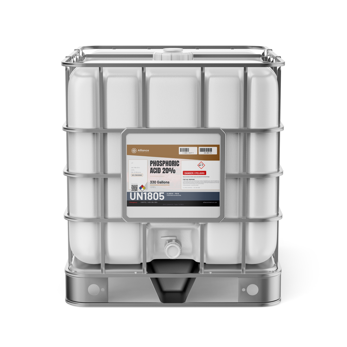 Phosphoric Acid 20% Food Grade liquid in a 330-gallon caged IBC tote, Alliance Chemical