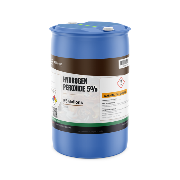 Hydrogen Peroxide 5% Technical Grade in a blue 55-gallon drum from Alliance Chemical