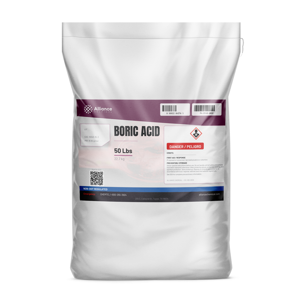 Technical Grade Boric Acid powder in a 50 lb bag for pest control formulations, Alliance Chemical