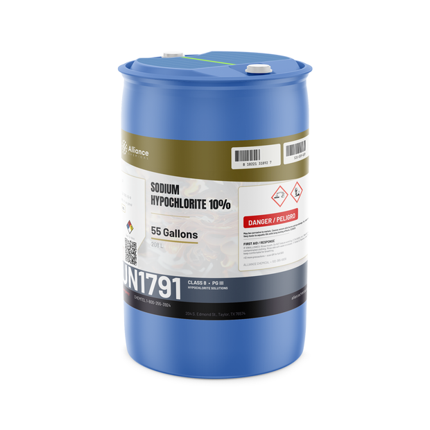 Sodium hypochlorite 10% technical grade in a 55-gallon blue plastic drum for water treatment, Alliance Chemical
