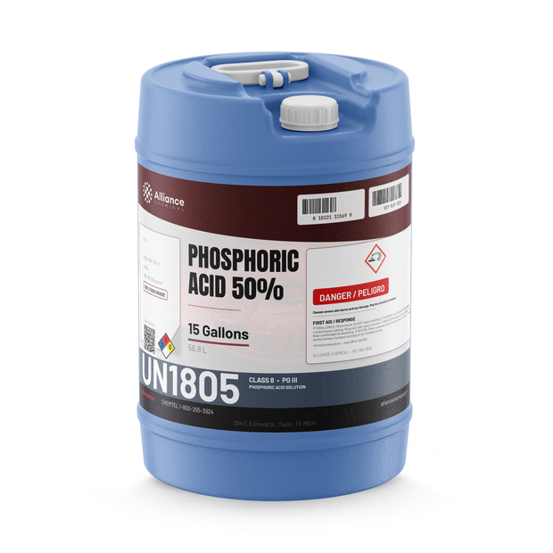 Phosphoric Acid 50% Food Grade in a blue 15-gallon plastic carboy, Alliance Chemical