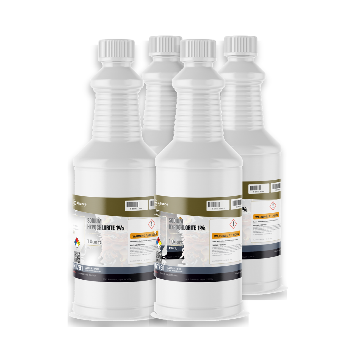 Sodium hypochlorite 1% technical grade in four 1-quart plastic bottles from Alliance Chemical