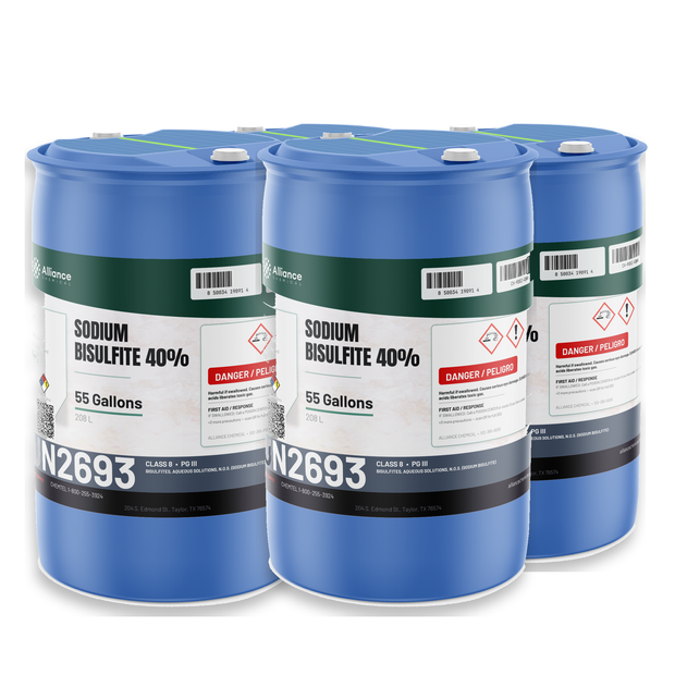 Sodium Bisulfite 40% Technical Grade liquid in four 55-gallon drums for dechlorination, Alliance Chemical