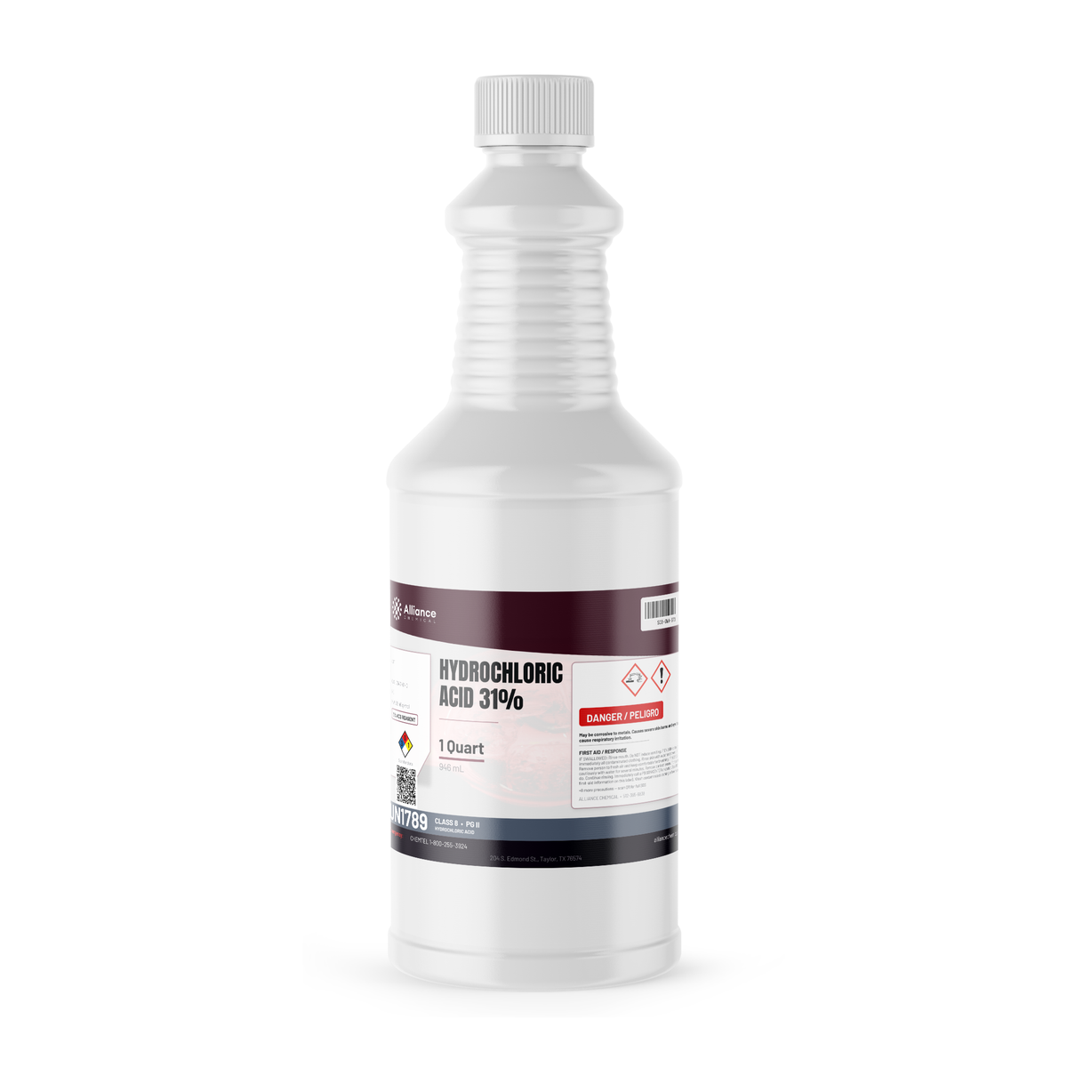 Hydrochloric Acid 31% ACS Reagent Grade 1-quart ribbed plastic bottle, Alliance Chemical