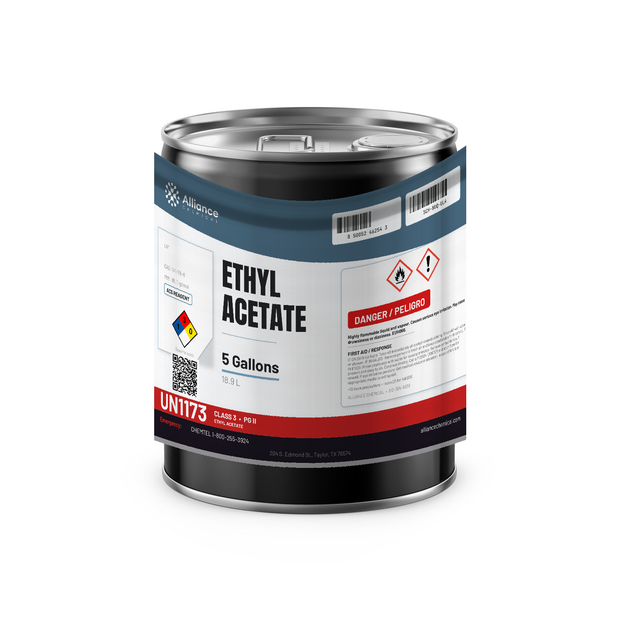 Ethyl Acetate ACS Reagent Grade in a 5-gallon metal pail from Alliance Chemical for industrial coatings and laboratory solvent use