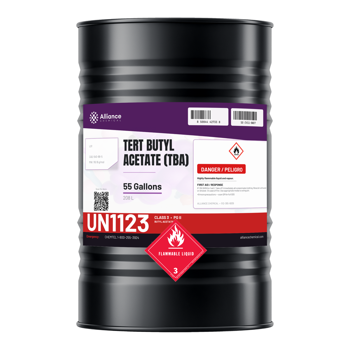 Tert butyl acetate technical grade in a 55-gallon drum from Alliance Chemical for coatings and metal degreasing