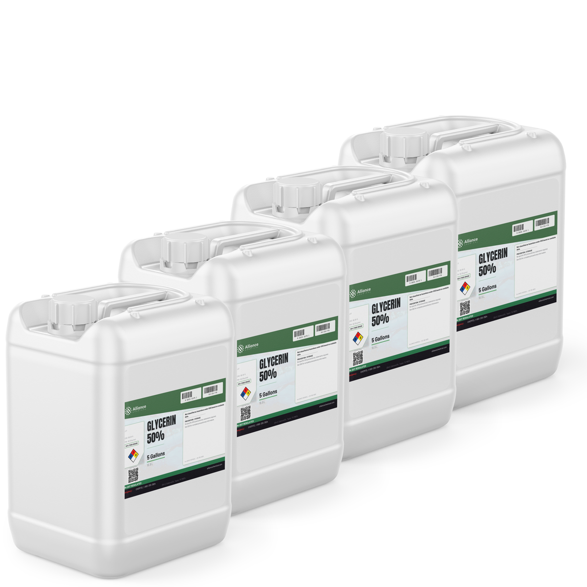 Glycerin 50% Food Grade, four 5-gallon translucent plastic jerry cans, Alliance Chemical
