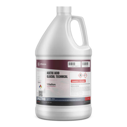 Acetic Acid Glacial Technical Grade 1-gallon plastic jug from Alliance Chemical for chemical synthesis and solvent applications