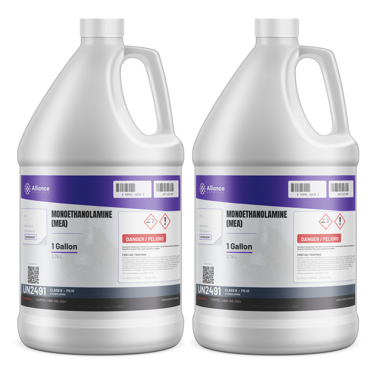 Monoethanolamine ACS Reagent Grade in two 1-gallon jugs for gas scrubbing, Alliance Chemical