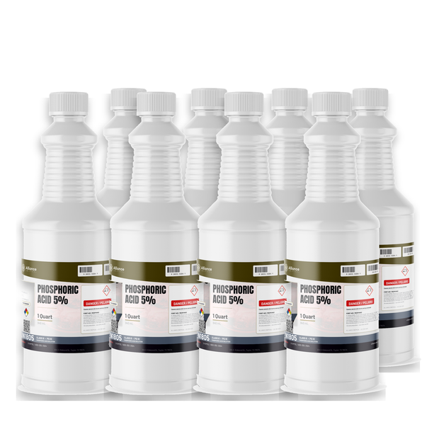 Phosphoric Acid 5% ACS Grade in eight white 1-quart plastic bottles, Alliance Chemical