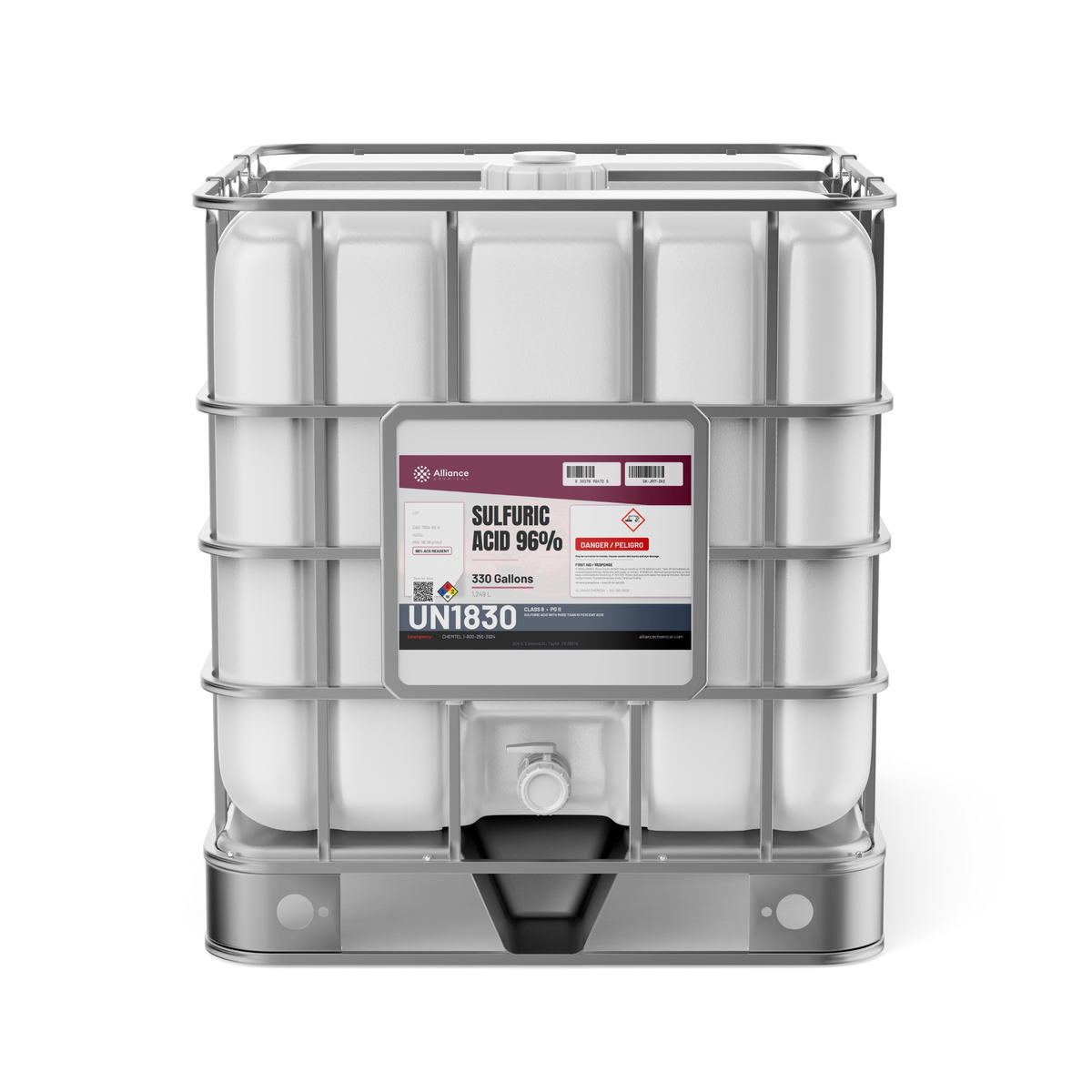 Sulfuric Acid 96% ACS Grade in a 330-gallon IBC tote from Alliance Chemical for metal treatment and chemical manufacturing