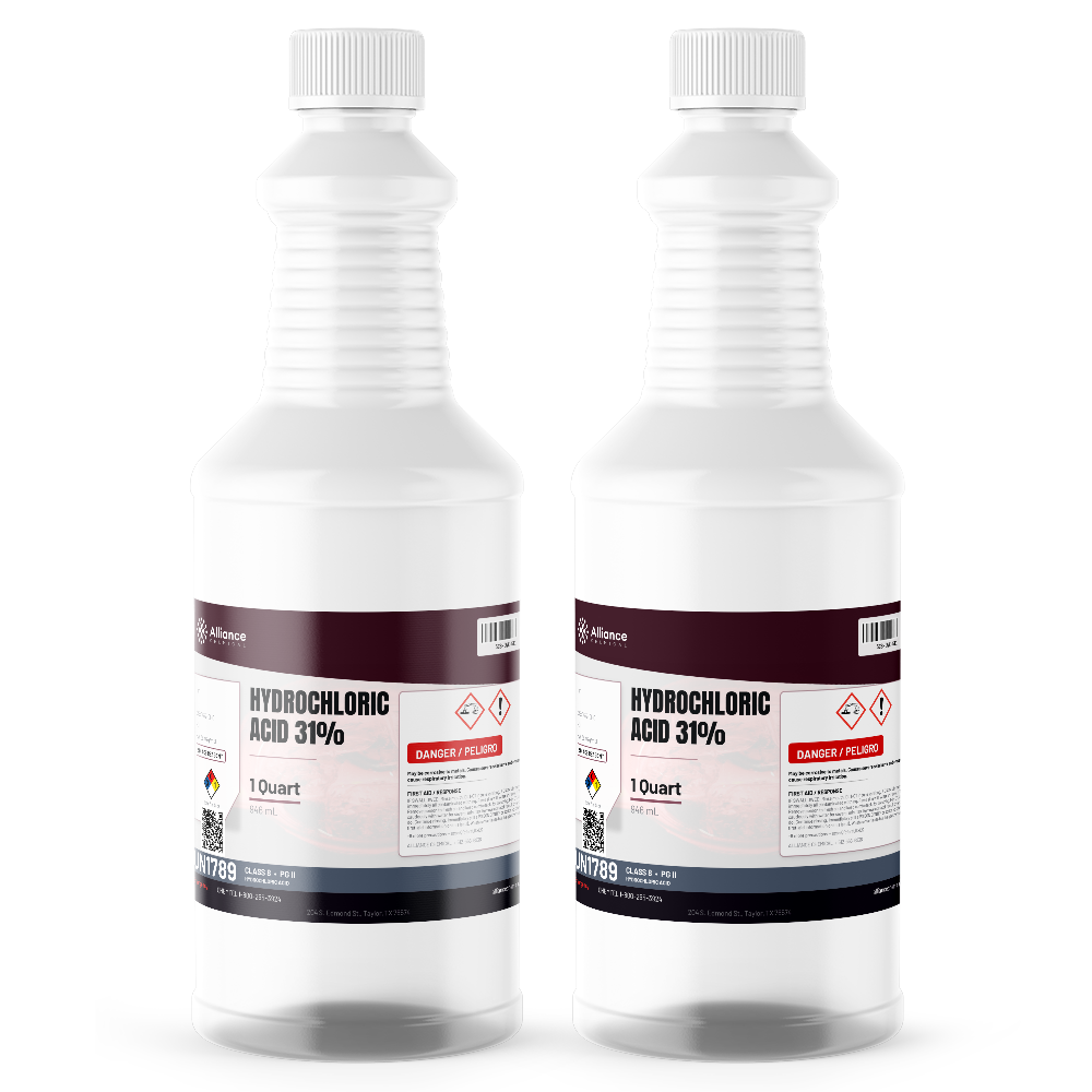 Hydrochloric acid 31% ACS grade in two 1-quart plastic bottles by Alliance Chemical