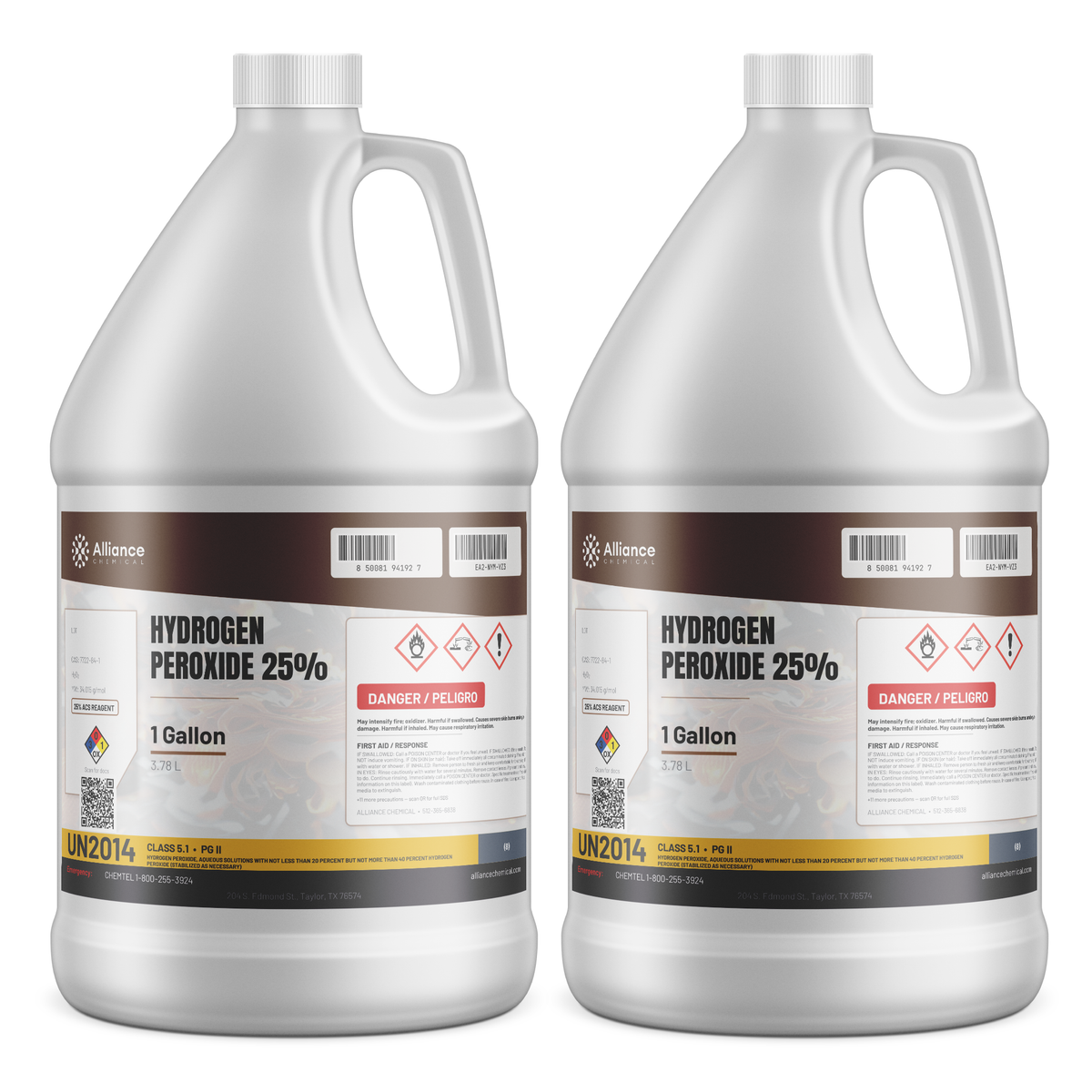 Hydrogen Peroxide 25% ACS Reagent Grade in two 1-gallon plastic jugs, Alliance Chemical