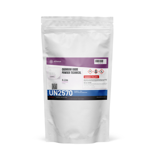Cadmium oxide technical grade powder in a 4-pound white resealable pouch, Alliance Chemical